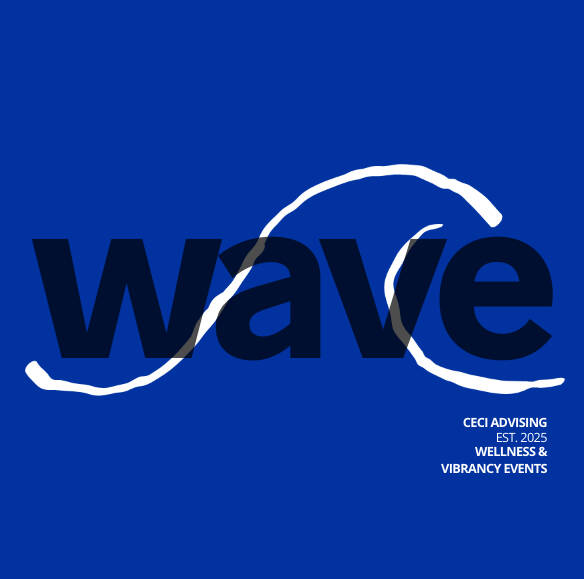 wave logo of the word wave across a crude drawing of a water wave with small words in the bottom right that say wellness and vibrancy events